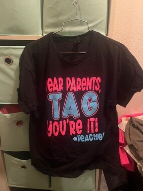 Gildan Black Short Sleeve Tee with Pink and Light Blue Graphic Teacher